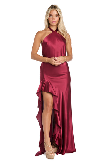 morgan and co halter dress Ruffled Elegance: Satin High Neck with Dramatic Slit – & Evening gown