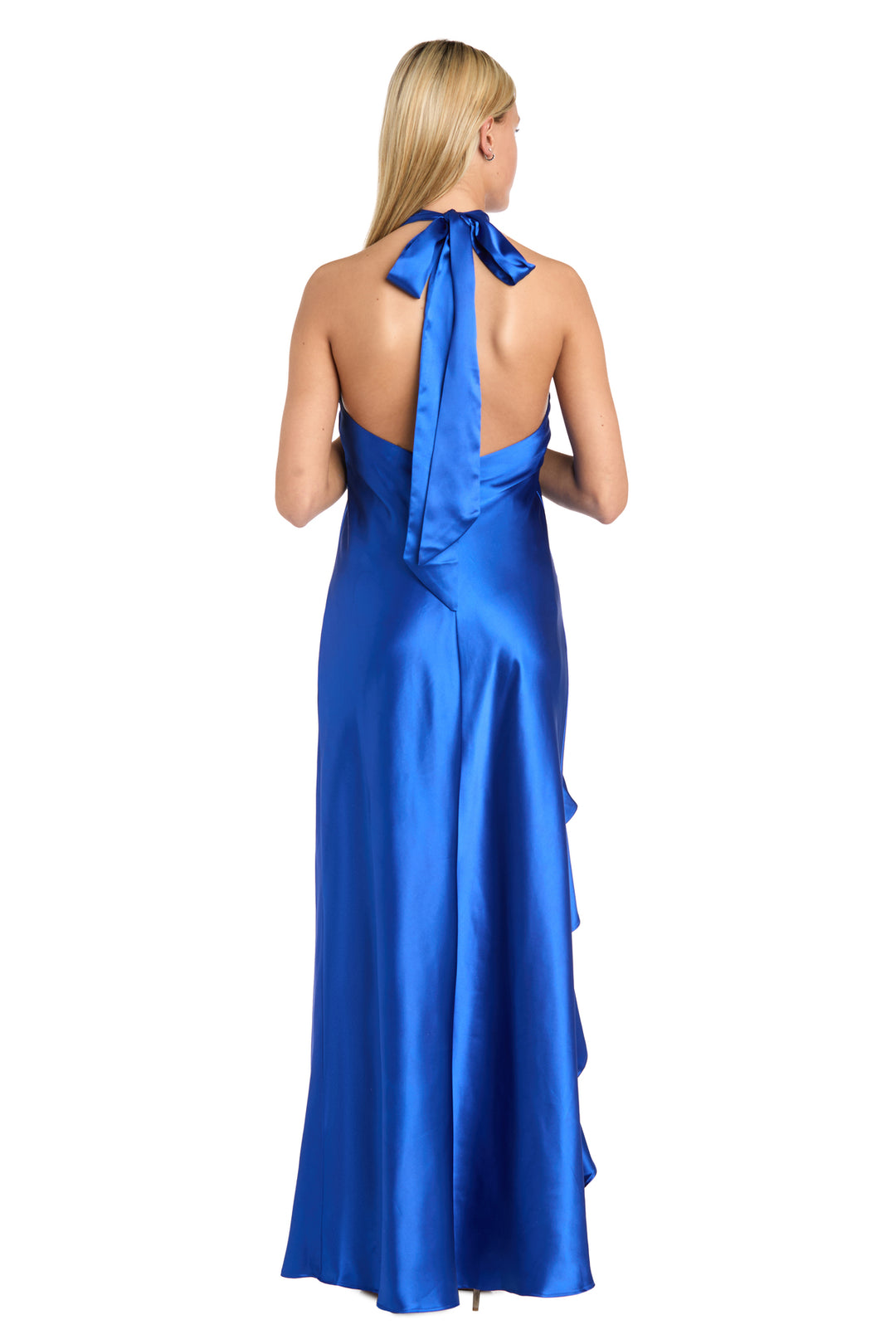 Ruffled Elegance: Satin High Neck Halter Dress with Dramatic Slit  Morgan  & Co.