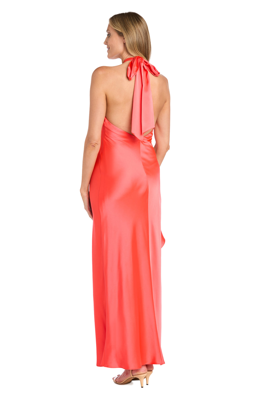 Ruffled Elegance: Satin High Neck Halter Dress with Dramatic Slit  Morgan  & Co.