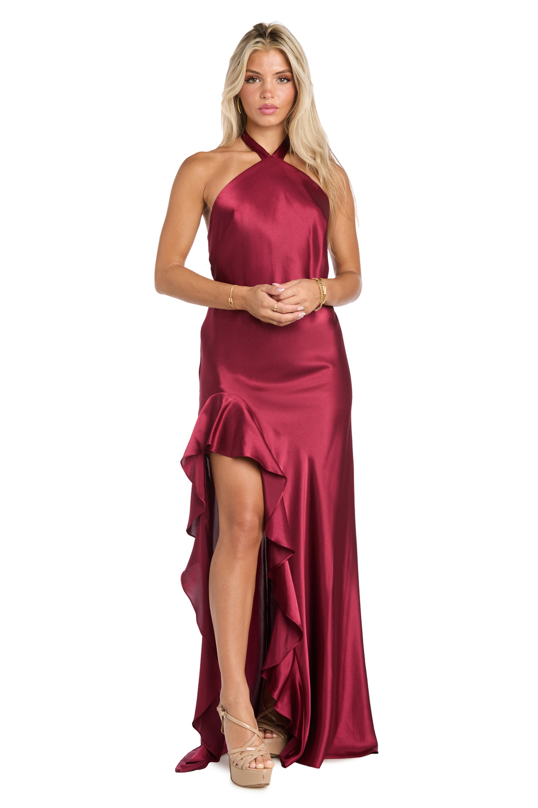 Ruffled Elegance: Satin High Neck Halter Dress with Dramatic Slit  Morgan  & Co.