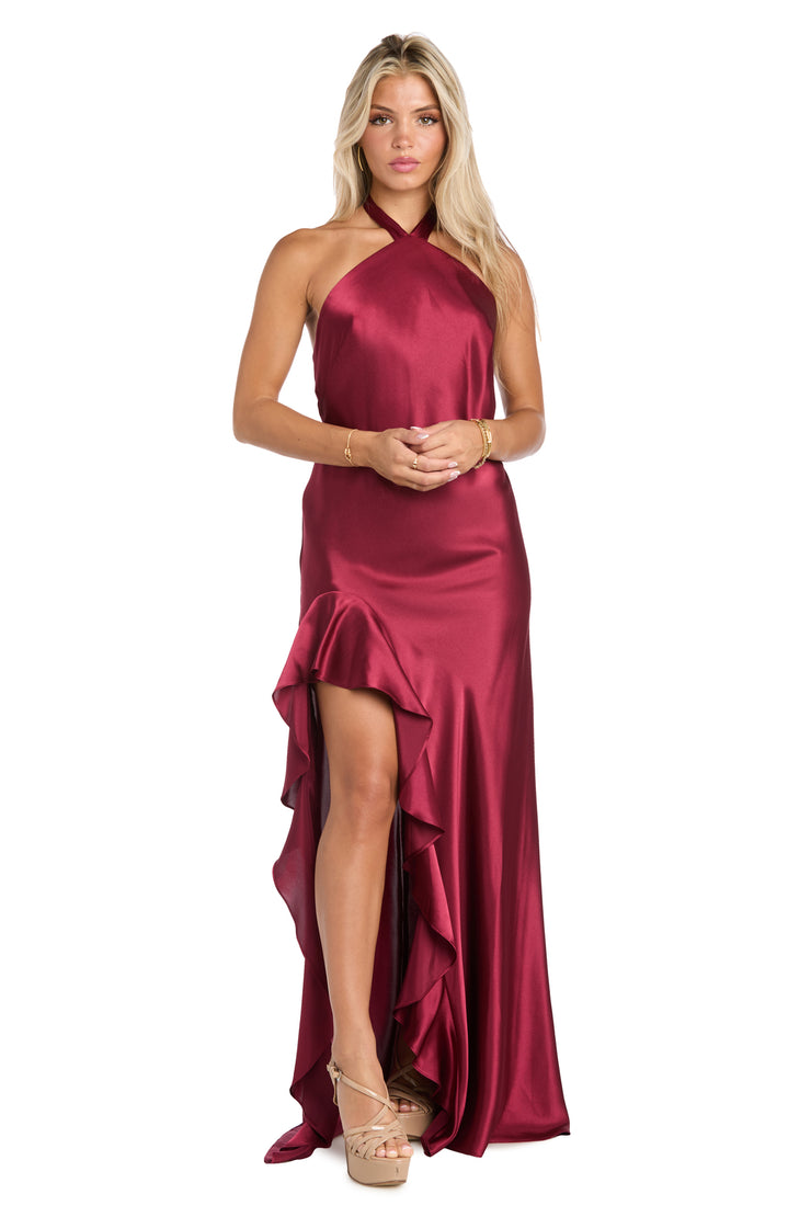 Ruffled Elegance: Satin High Neck Halter Dress with Dramatic Slit Morgan & Co. Ruffled Elegance: Satin High Neck Halter Dress with Dramatic Slit Morgan & Co.