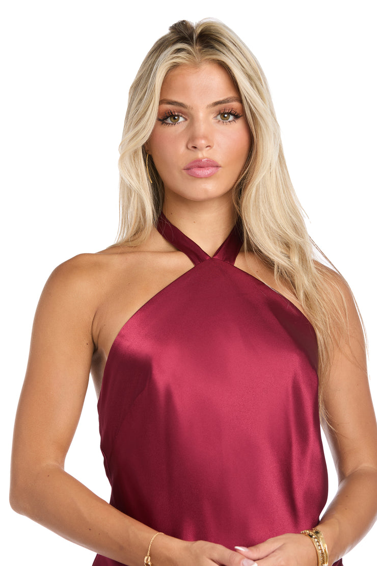 Ruffled Elegance: Satin High Neck Halter Dress with Dramatic Slit