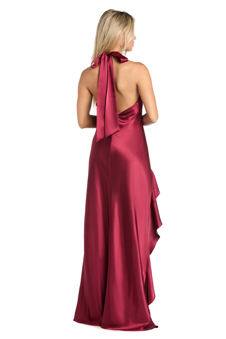 Ruffled Elegance: Satin High Neck Halter Dress with Dramatic Slit