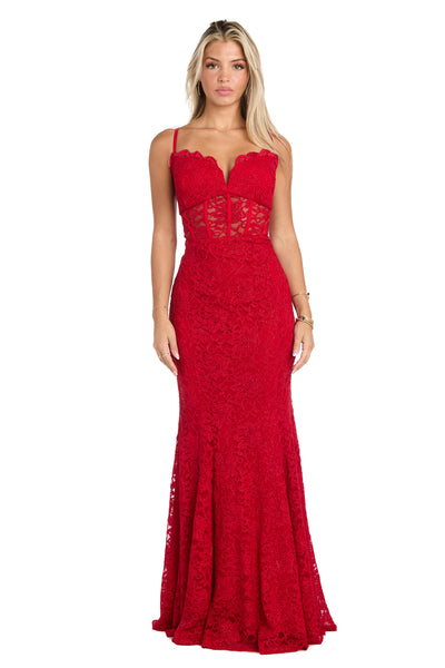 Long Red Lace Dress with Illusion Corset